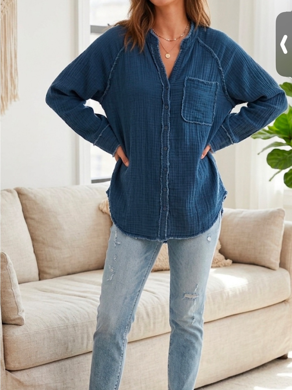aerie Navy Washed Gauze Button-Front Shirt 100% Cotton 25” PTP - Picture 1 of 7